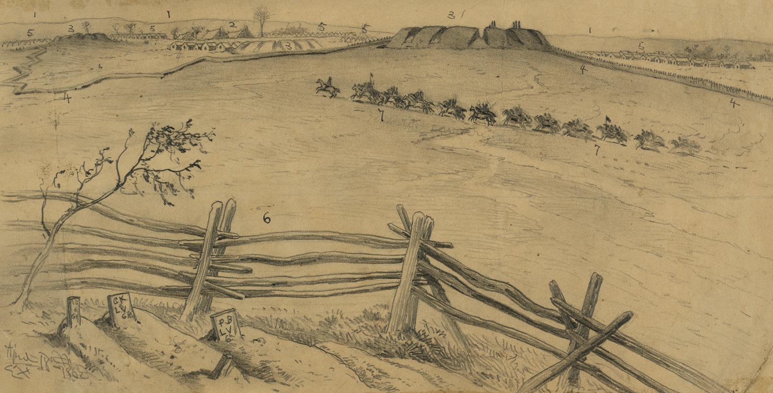Edwin Forbes - The defenses of Centreville, forts, breastworks, etc., from a point south of the Warrenton turnpike