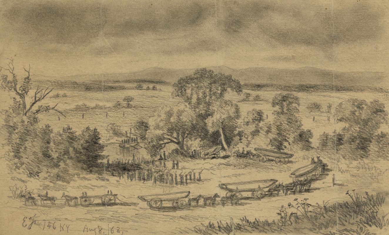 Edwin Forbes - The First and Sixth N.Y.V. throwing pontoon bridge across the Rappahannock River near Beverly Ford