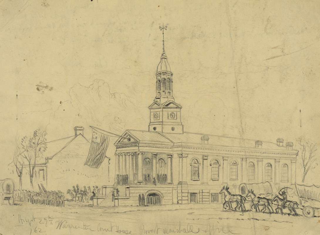 Edwin Forbes - Warrenton Court House. Retreat of the Army of the Rappahannock through the town