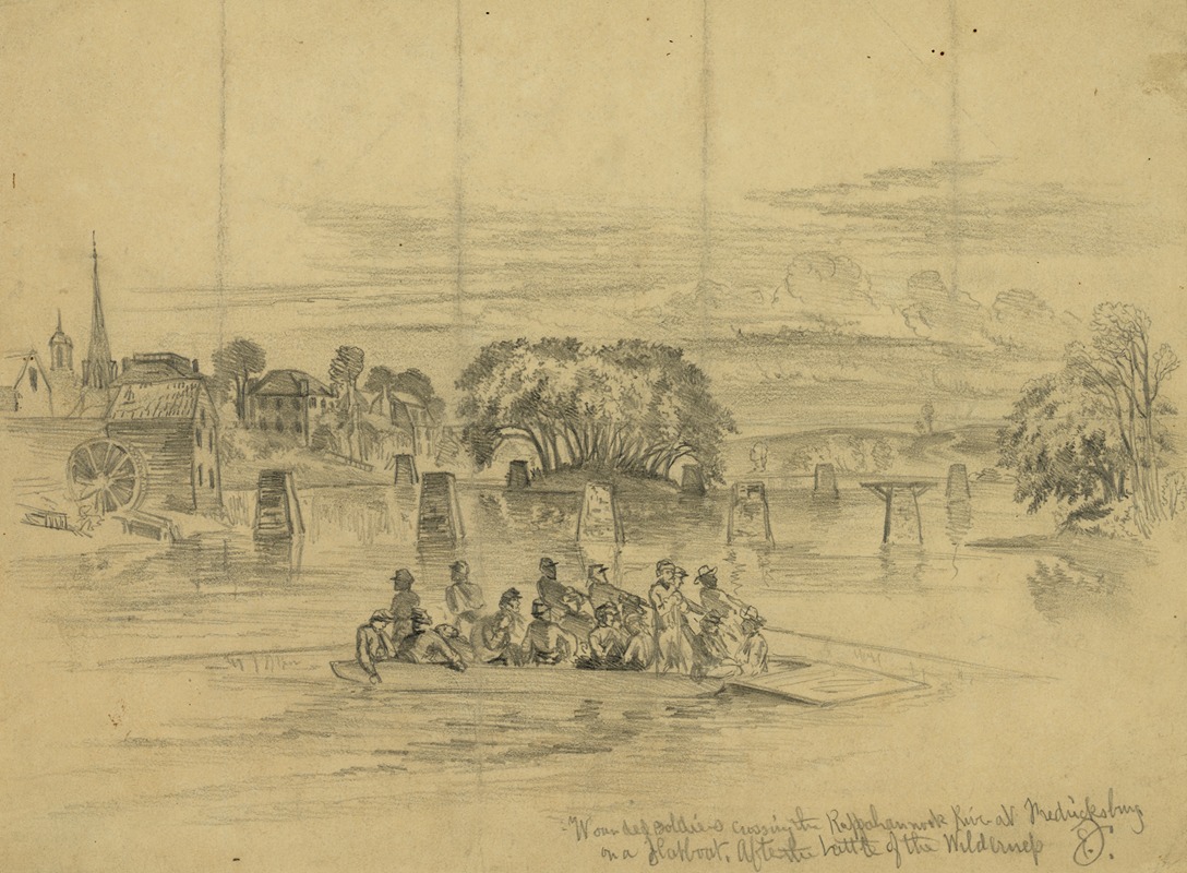 Edwin Forbes - Wounded soldiers crossing the Rappahannock River at Fredericksburg on a flatboat–After the battle of the Wilderness