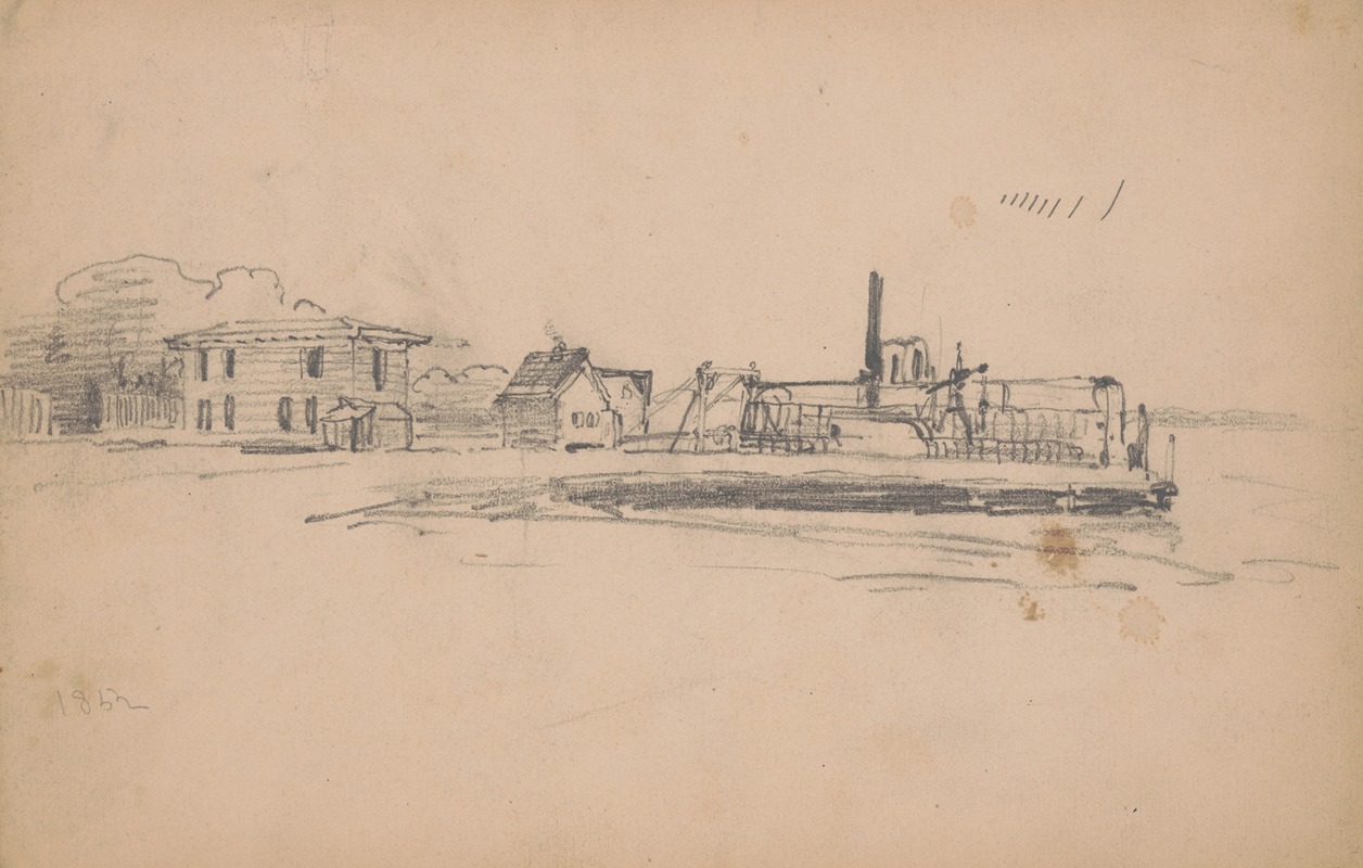 James Fuller Queen - Ferry alongside a dock with buildings along the waterfront