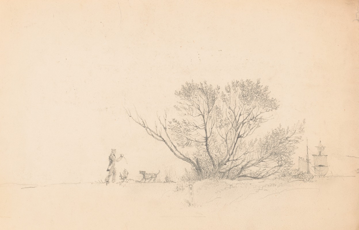 James Fuller Queen - Man playing fetch with a dog near a cluster of trees, ship rigging under full sail visible on the right
