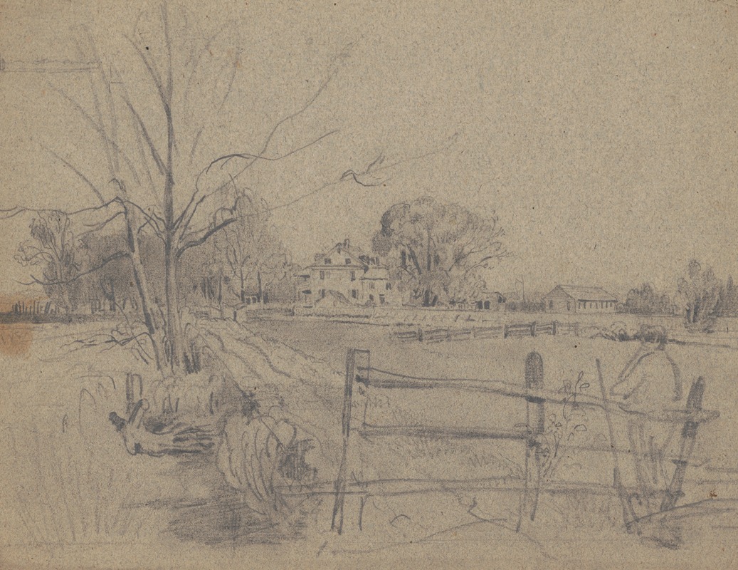 James Fuller Queen - Man with rifle leaning against fence near house with outbuildings