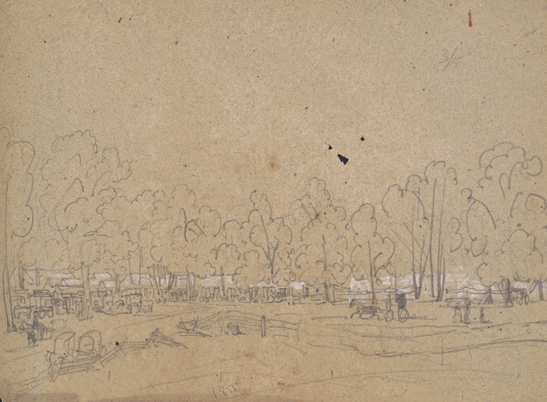 James Fuller Queen - Rough sketch of a gathering in the woods with carts and wagons and many cabins or tents beneath the trees