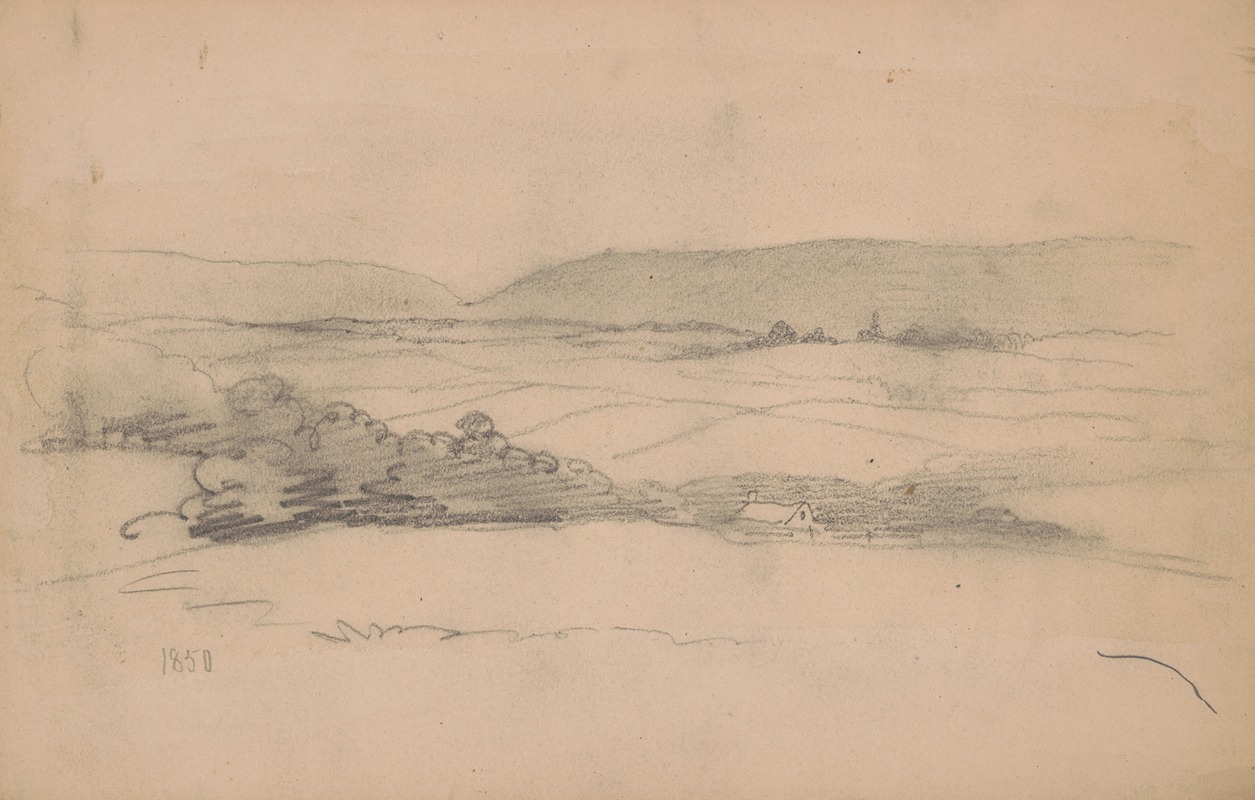 James Fuller Queen - Rough sketch of landscape with hills, fields, trees, and the roof of a house