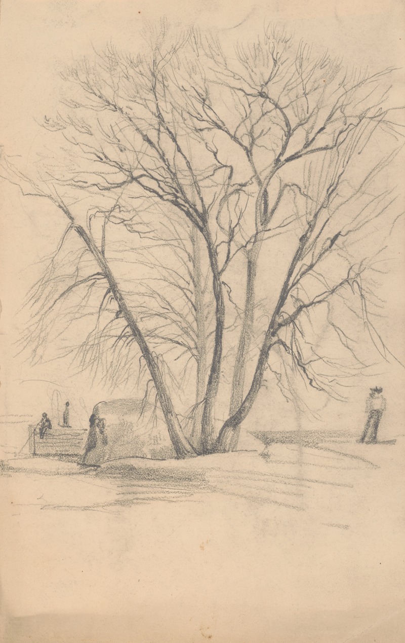 James Fuller Queen - Sketch of a tree in winter beside a boulder at water’s edge, a man fishes from a wharf in the background