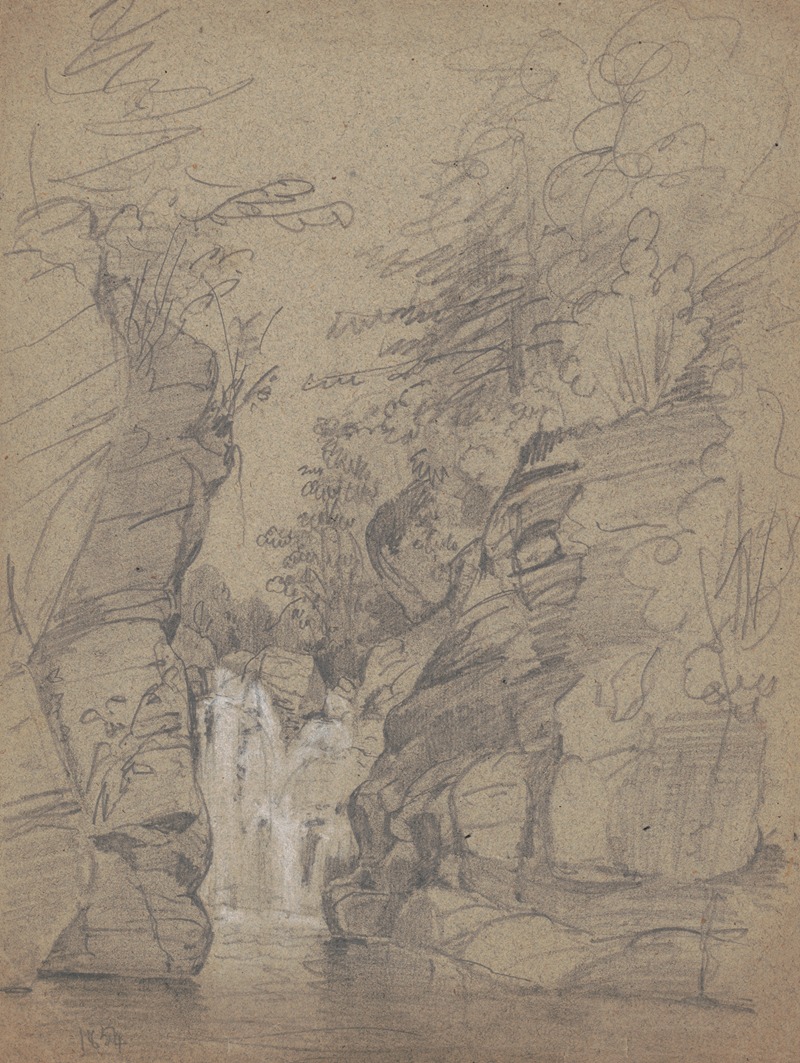 James Fuller Queen - Sketch of cascade visible between two bluffs