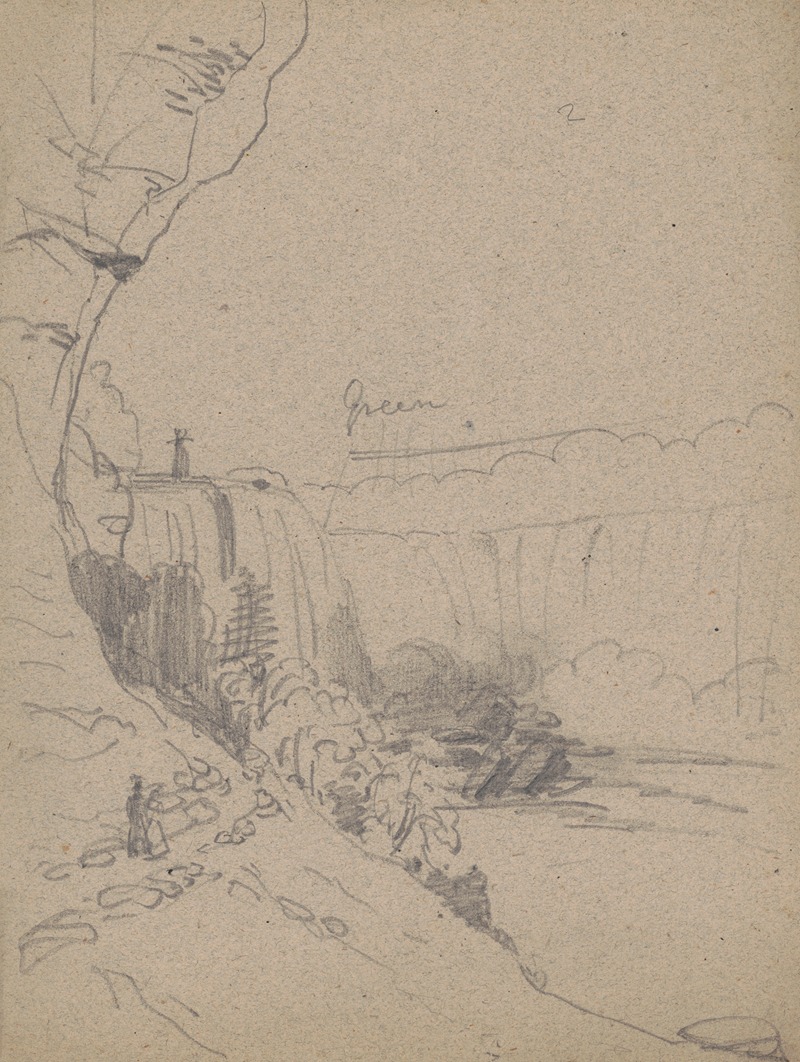 James Fuller Queen - Sketch of Niagara Falls, with a man and a woman walking on a footpath on lower left