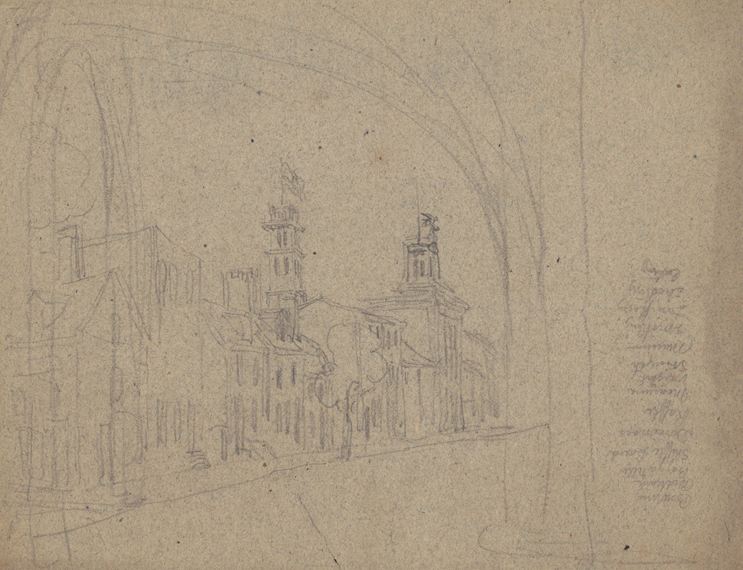 James Fuller Queen - Sketch of Philadelphia street with list of games and amusements in right margin