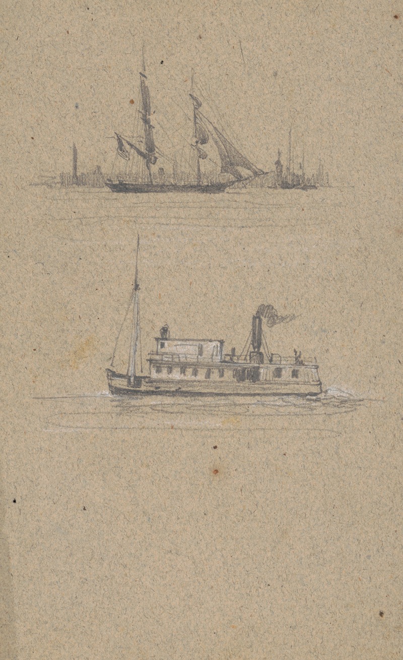 James Fuller Queen - Study sketches of two ships – a sailing ship and a steamship, possibly a ferry
