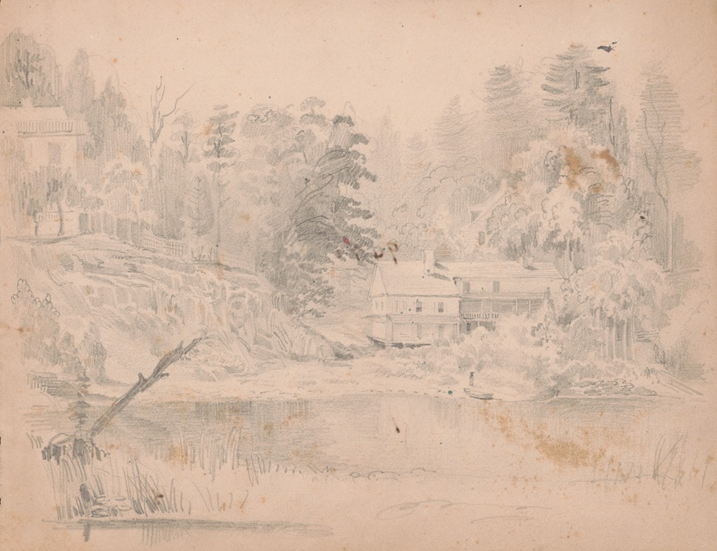 James Fuller Queen - Two houses along a river, one up on a rocky embankment