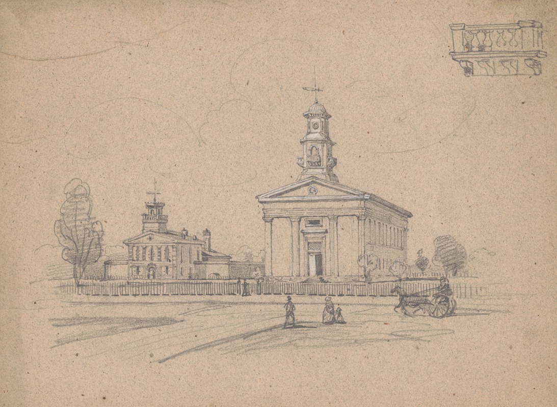 James Fuller Queen - Unidentified church next to a Greek revival home on a city street with fence and pedestrians