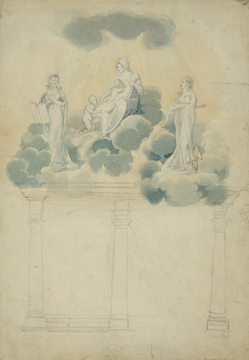 John Rubens Smith - Allegorical scene of female figures in clouds atop columns
