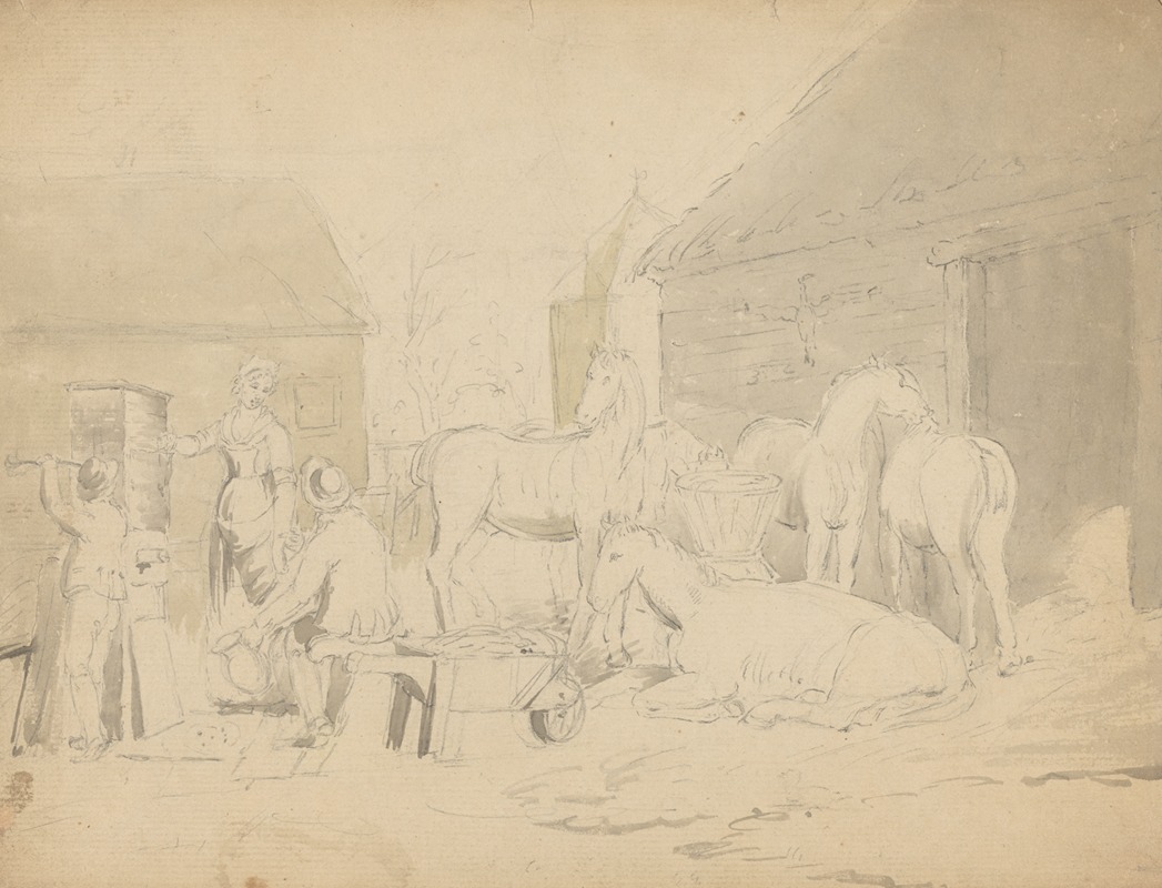 John Rubens Smith - Barnyard scene with three people by well and horses