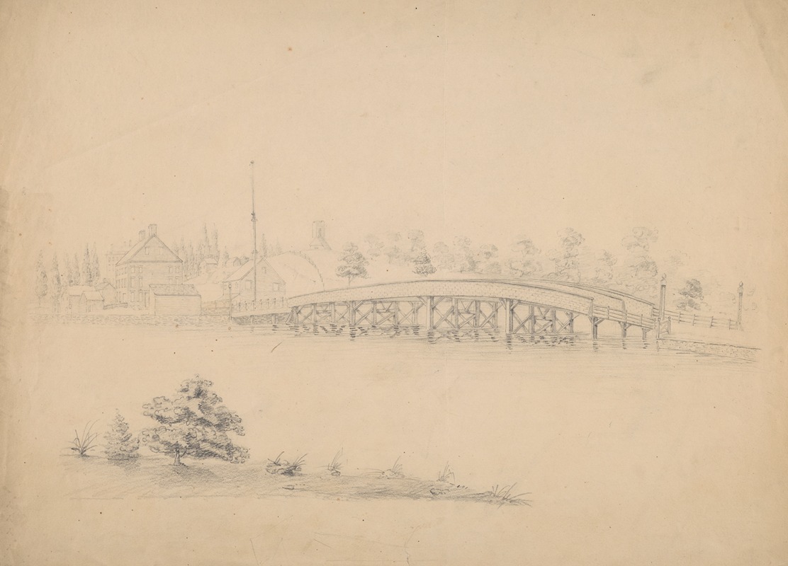 John Rubens Smith - Bridge with wooden truss with houses and a mill on the far side of the water, perhaps related to Ipswich, Massachusetts