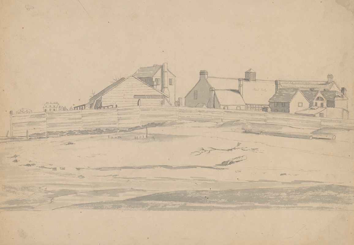 John Rubens Smith - Factory compound as seen from the seashore, perhaps related to Ipswich, Massachusetts