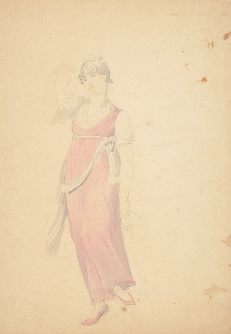John Rubens Smith - Full-length unfinished drawing of woman wearing a pink dress and shoes and holding plants, as a muse