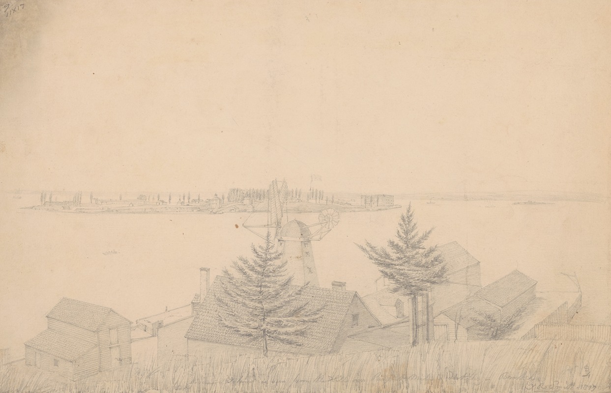 John Rubens Smith - Governor’s Island as seen from the hills over Pierpont’s [i.e. Hezekiah B. Pierrepont] mill and distillery, Brooklyn