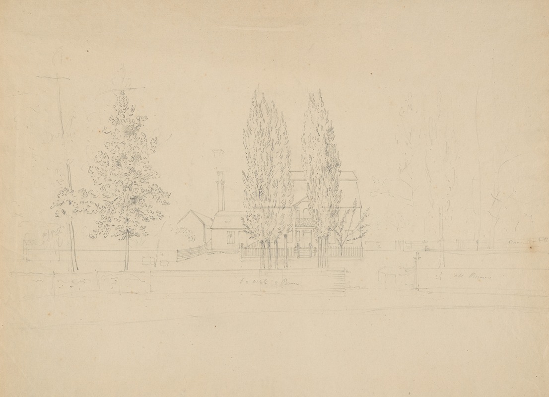 John Rubens Smith - House with tall chimney and gambrel roof obscured by trees