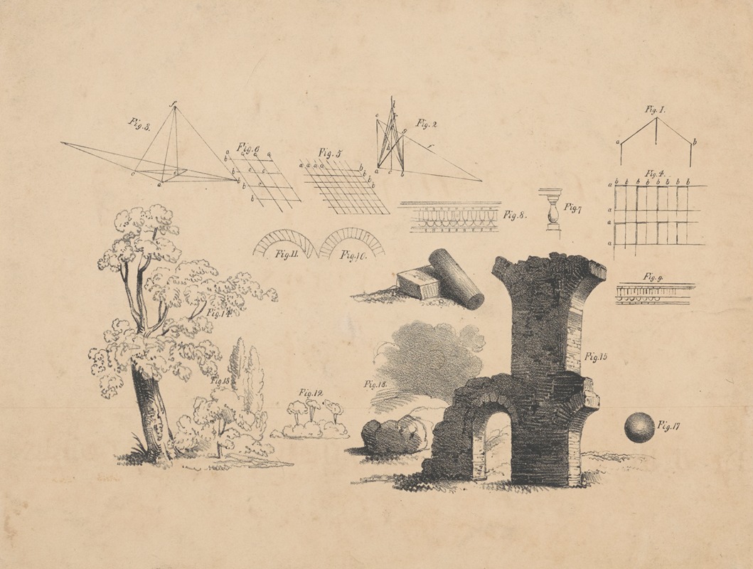 John Rubens Smith - Instructional plate for drawing with geometric figures, trees, and a chimney
