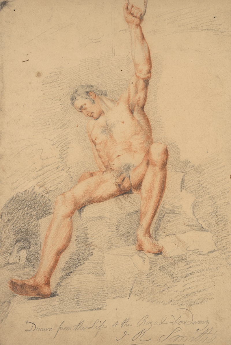 John Rubens Smith - Male figure, nude, seated, left arm upraised and clutching rope, seen from front