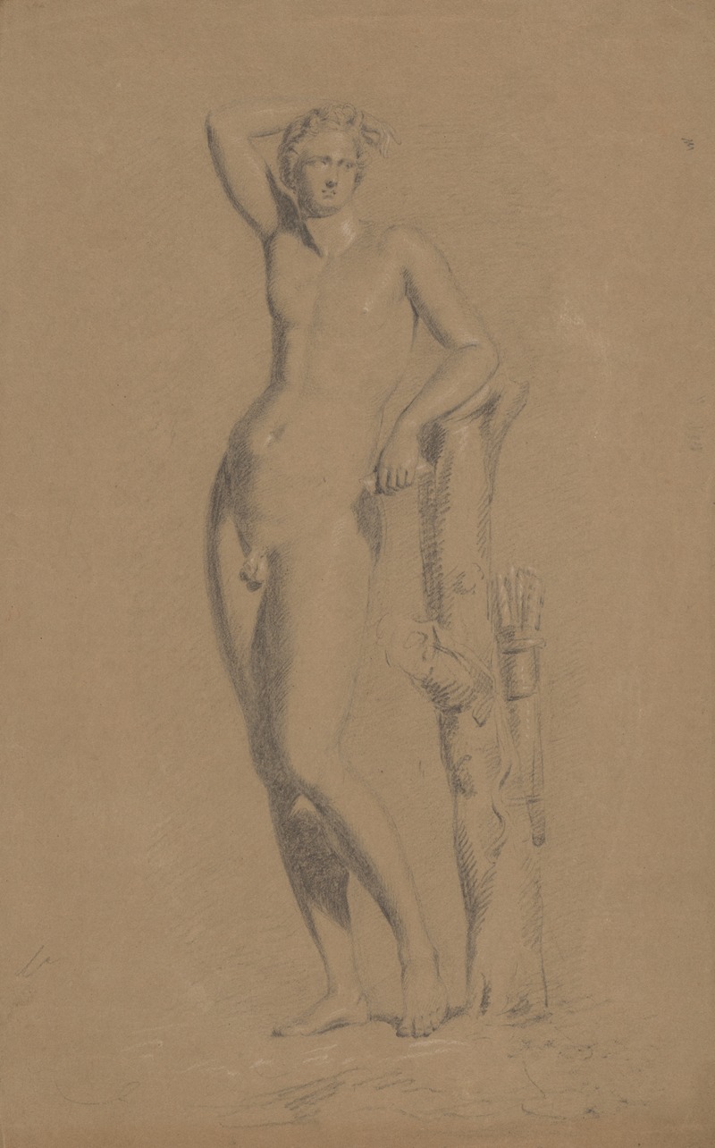 John Rubens Smith - Male figure, right arm upraised, leaning against tree trunk, seen from the front