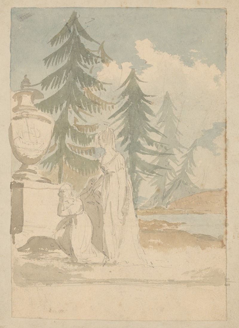 John Rubens Smith - Mourning scene with mother and two children by monument near pine trees