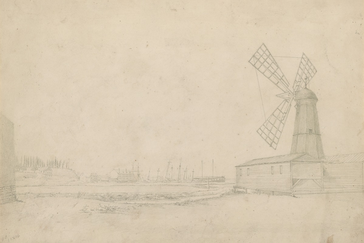 John Rubens Smith - Scene with windmill on right, Brooklyn Navy Yard to left