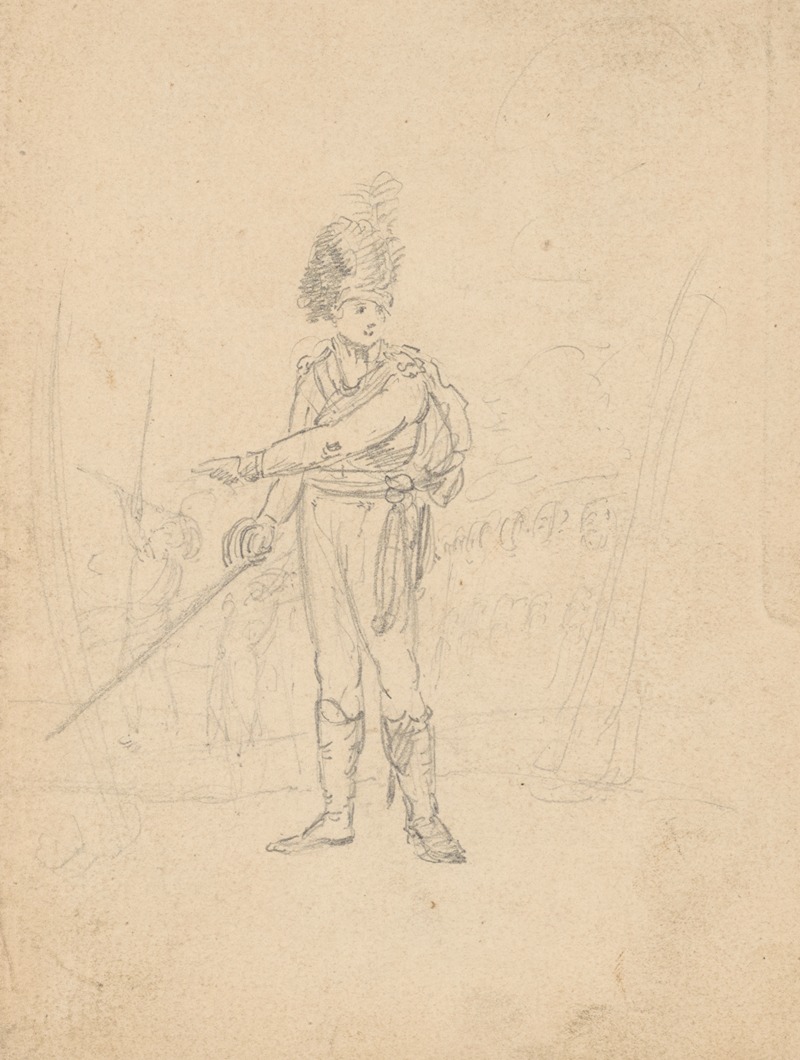 John Rubens Smith - Sketch of a an officer holding sword, wearing sasha and busby