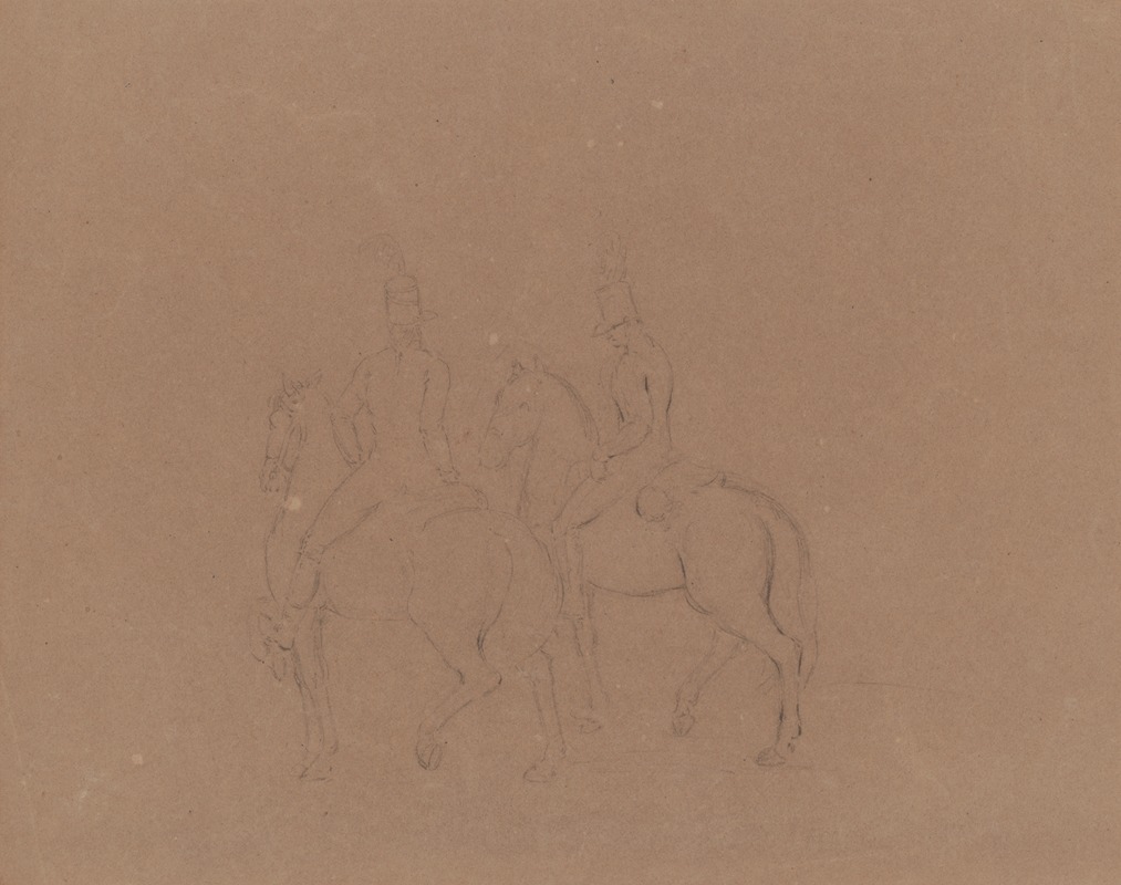 John Rubens Smith - Sketch of cavalry on horseback, seen from behind and side, horses facing left
