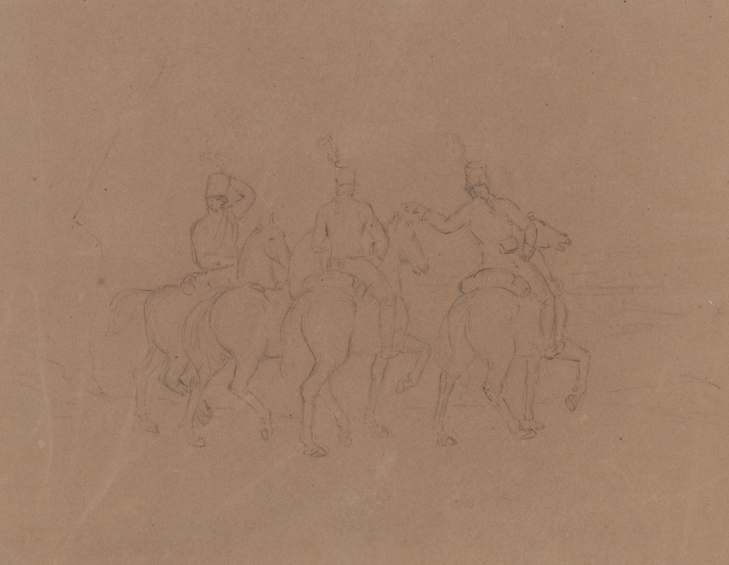 John Rubens Smith - Sketch of cavalry on horseback, seen from the side and rear, horses facing right. Includes a horse without a rider