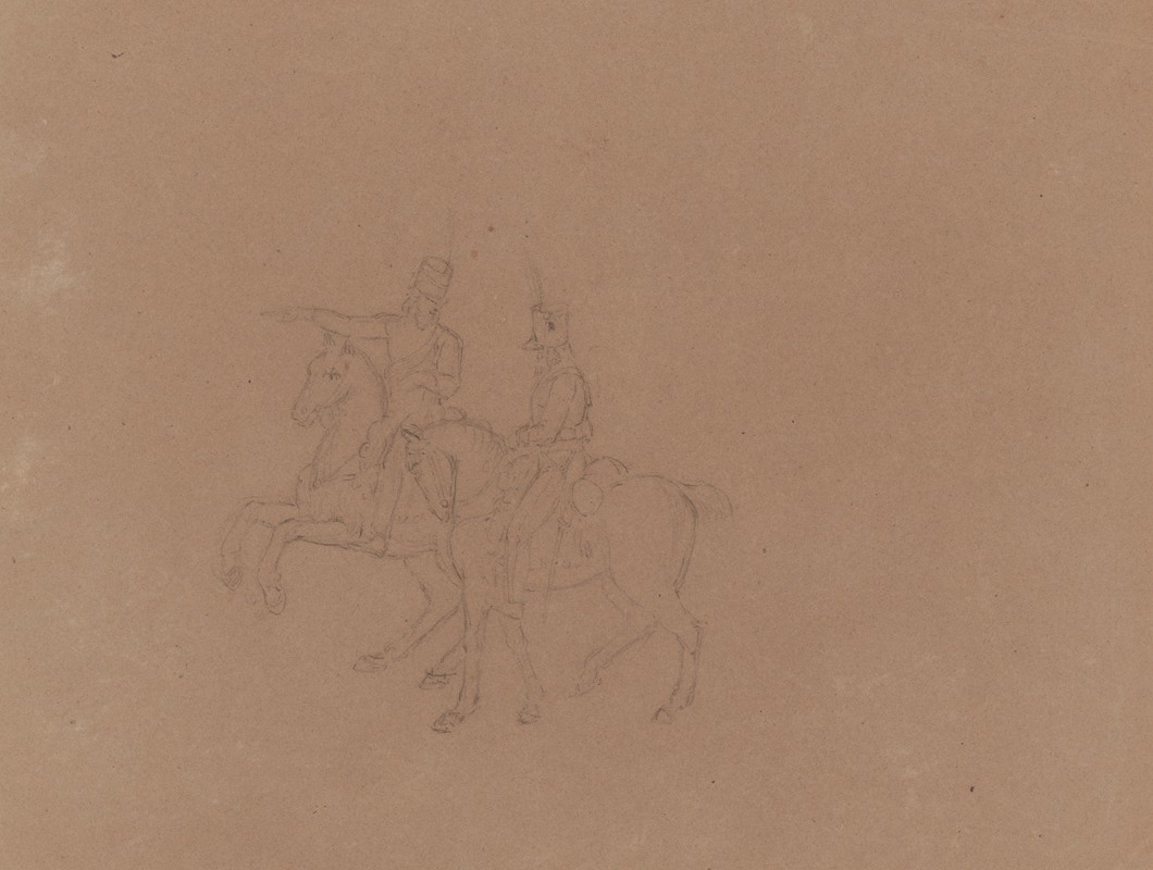 John Rubens Smith - Sketch of cavalry on horseback, seen from the side, horses facing left. Soldier at left gesturing left, arm extended