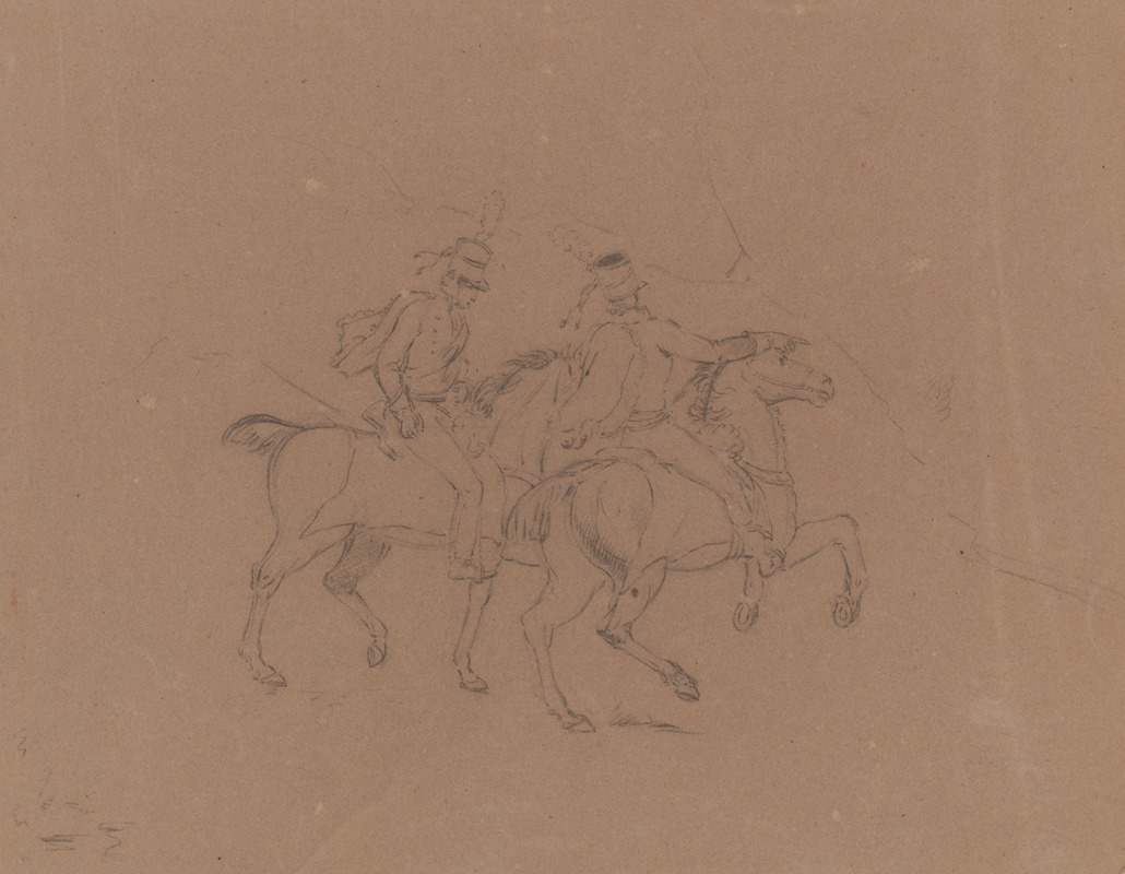 John Rubens Smith - Sketch of cavalry on horseback, seen from the side, horses facing right