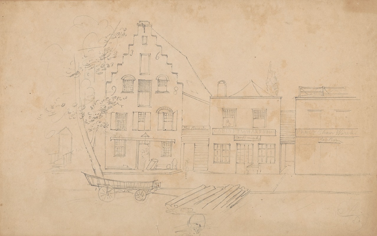 John Rubens Smith - Street scene, likely in New York State – J698 house with stepped gable, and merchants