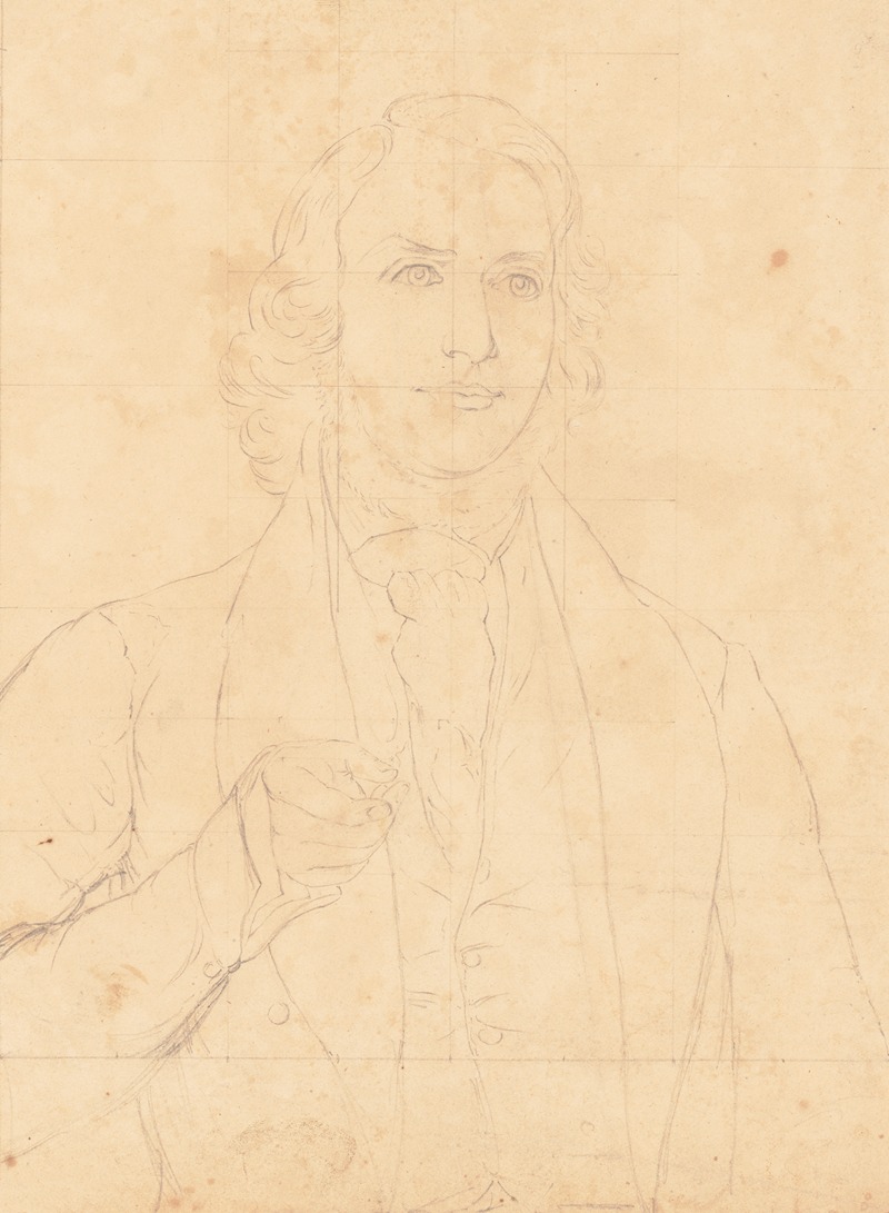 John Rubens Smith - Unidentified half-length portrait of a man with wavy hair and a beard, wearing a cravat, and gesturing forward