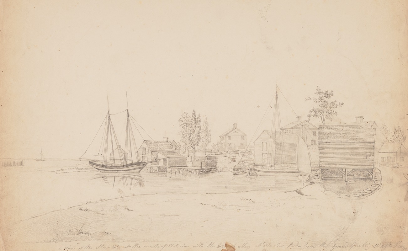 John Rubens Smith - View of the stores at the mouth of the Mill River with the English sloop at anchor taken from the ground Walter Perrys