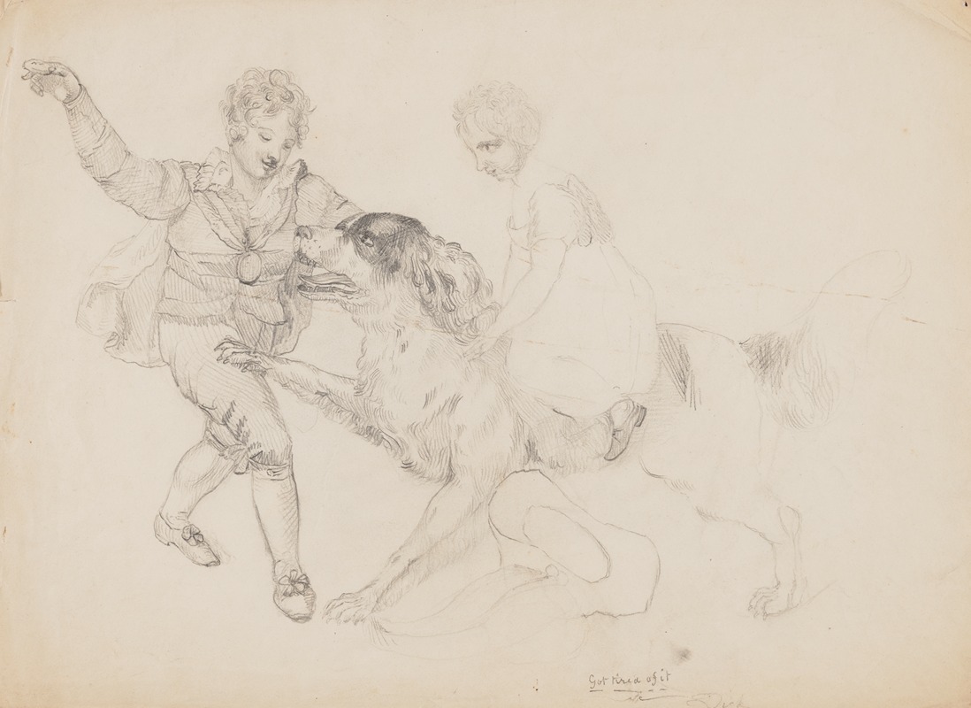 Richard Sanger Smith - A boy and a girl playing with a large dog