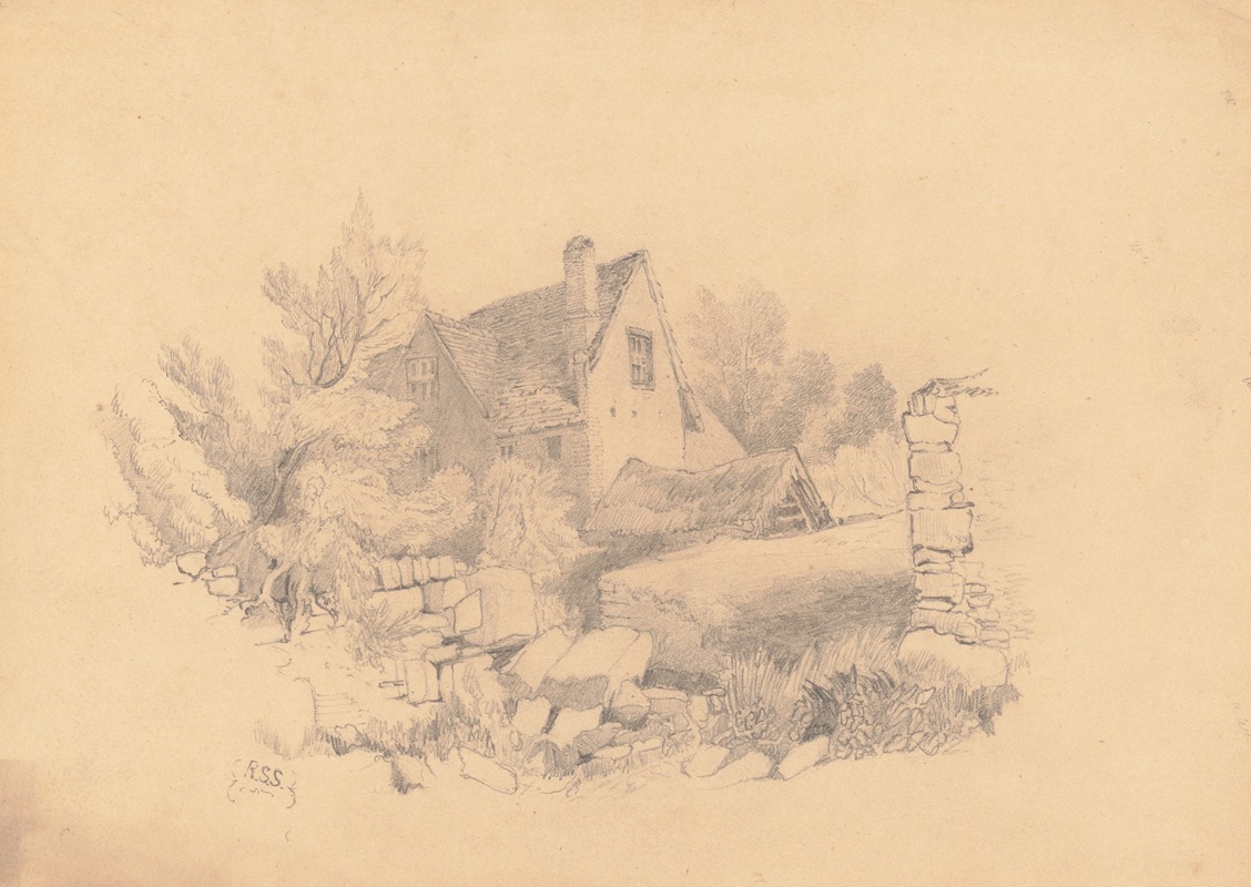 Richard Sanger Smith - Landscape with a house hidden behind trees and a stone wall