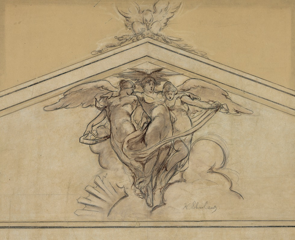 Walter Shirlaw - Study drawing of a mural showing three winged women