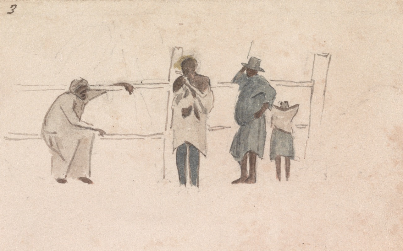 William Berryman - Four Jamaican figures talking at a fence