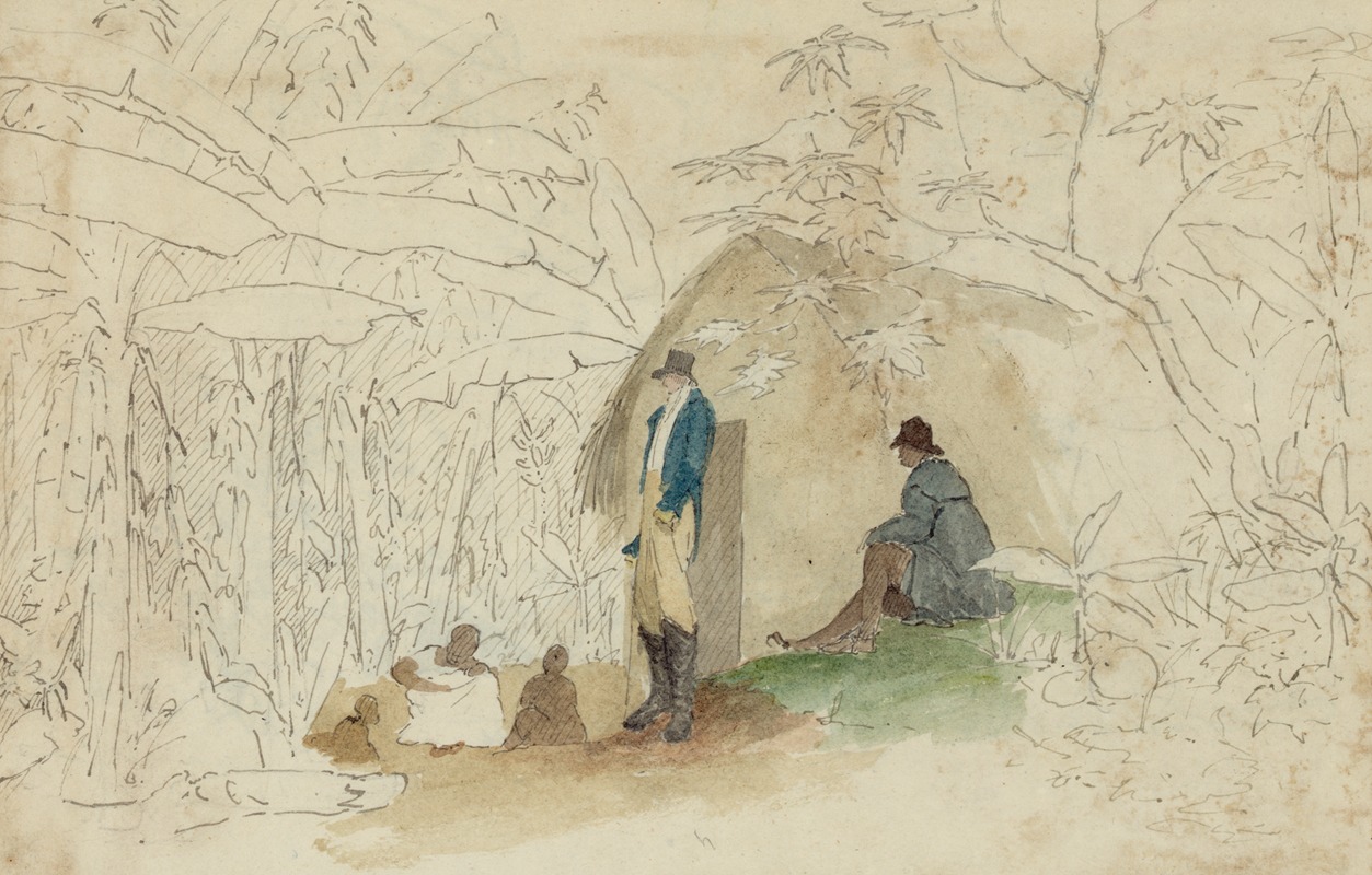 William Berryman - Negro hut with figures in plantain walk