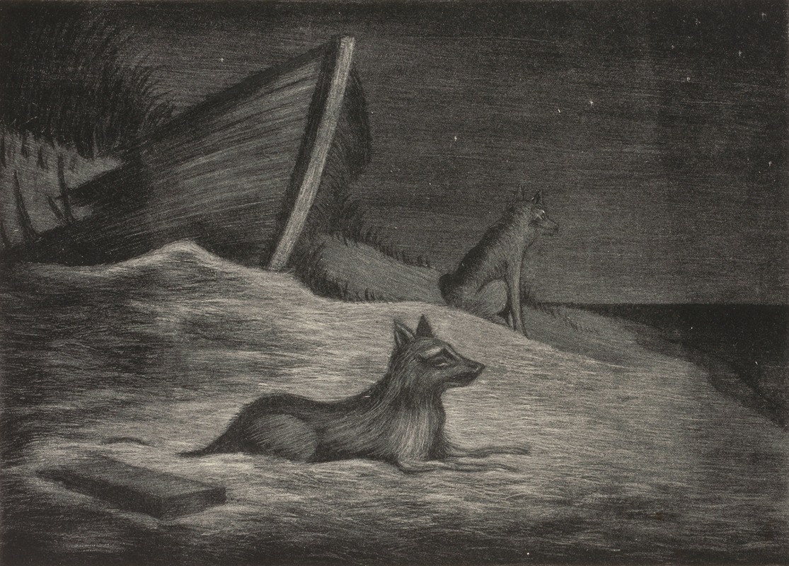 Anonymous - Night Scene of Shoreline with Two Wolves