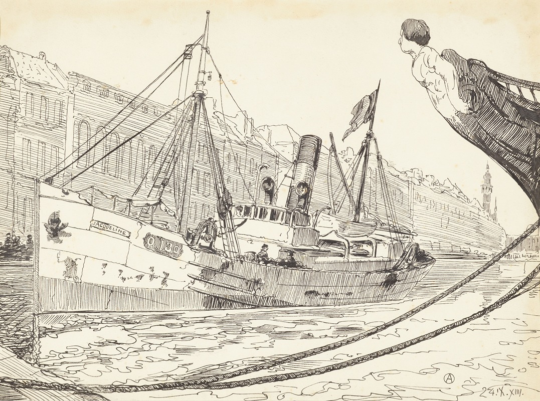 Alfred Ost - Beschoten vissersboot in de haven van Oostende