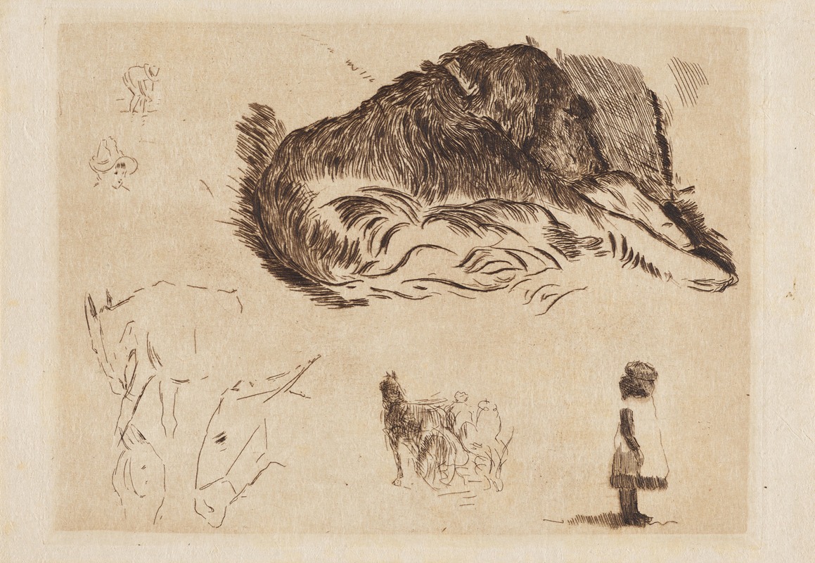 Alfred William Finch - Slapende hond, paarden, kindje en andere kleine schetsen