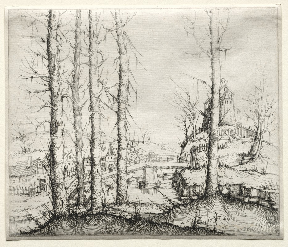 Augustin Hirschvogel - River Landscape with Five Bare Spruce Trees in the Foreground