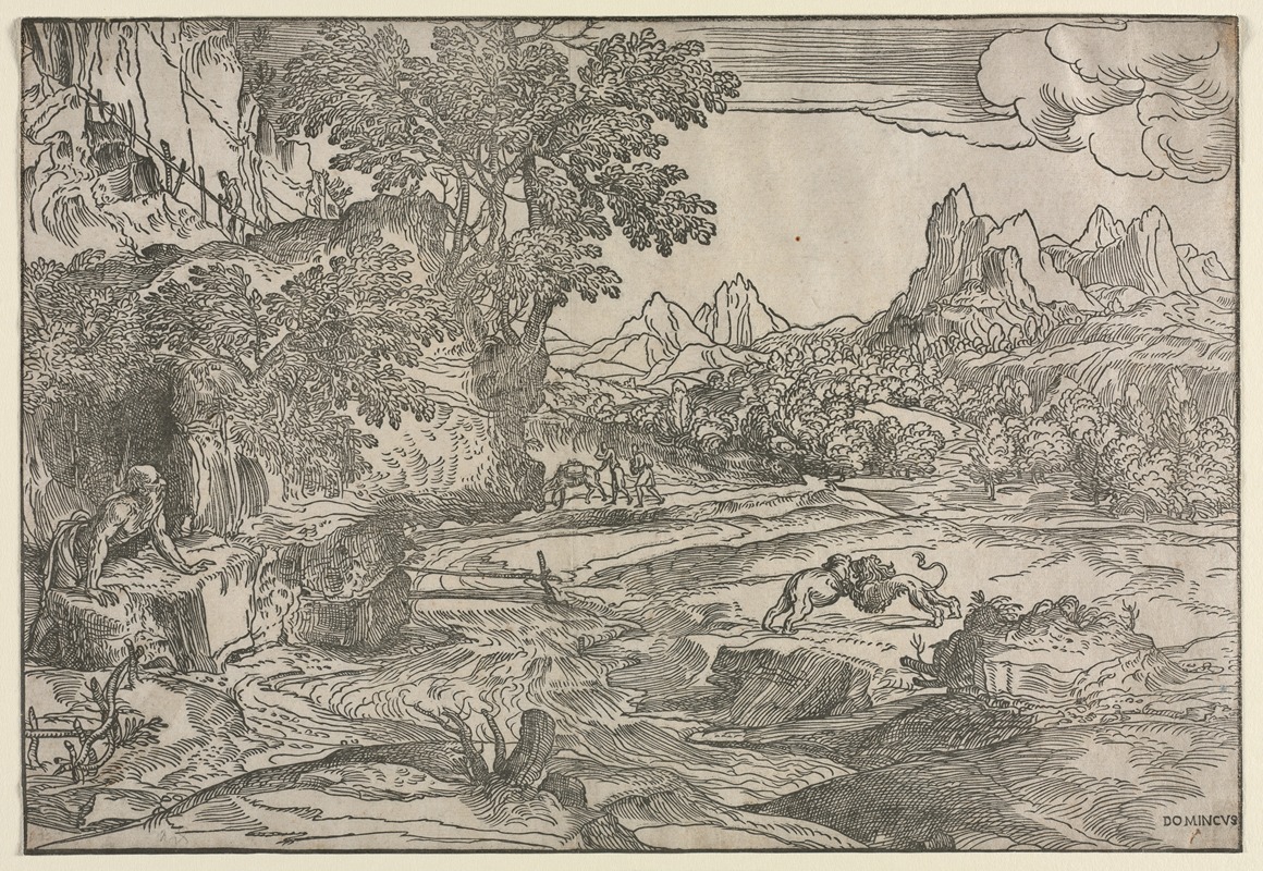 Domenico Campagnola - Landscape with Saint Jerome and Two Lions