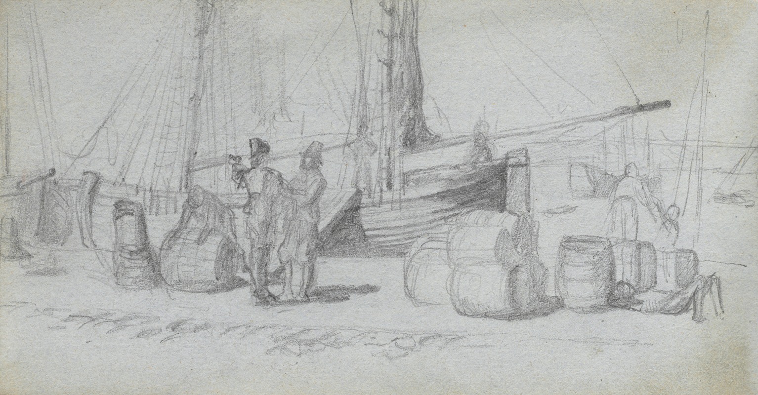 Ernest Meissonier - Boats, Figures, Cargo on a Beach