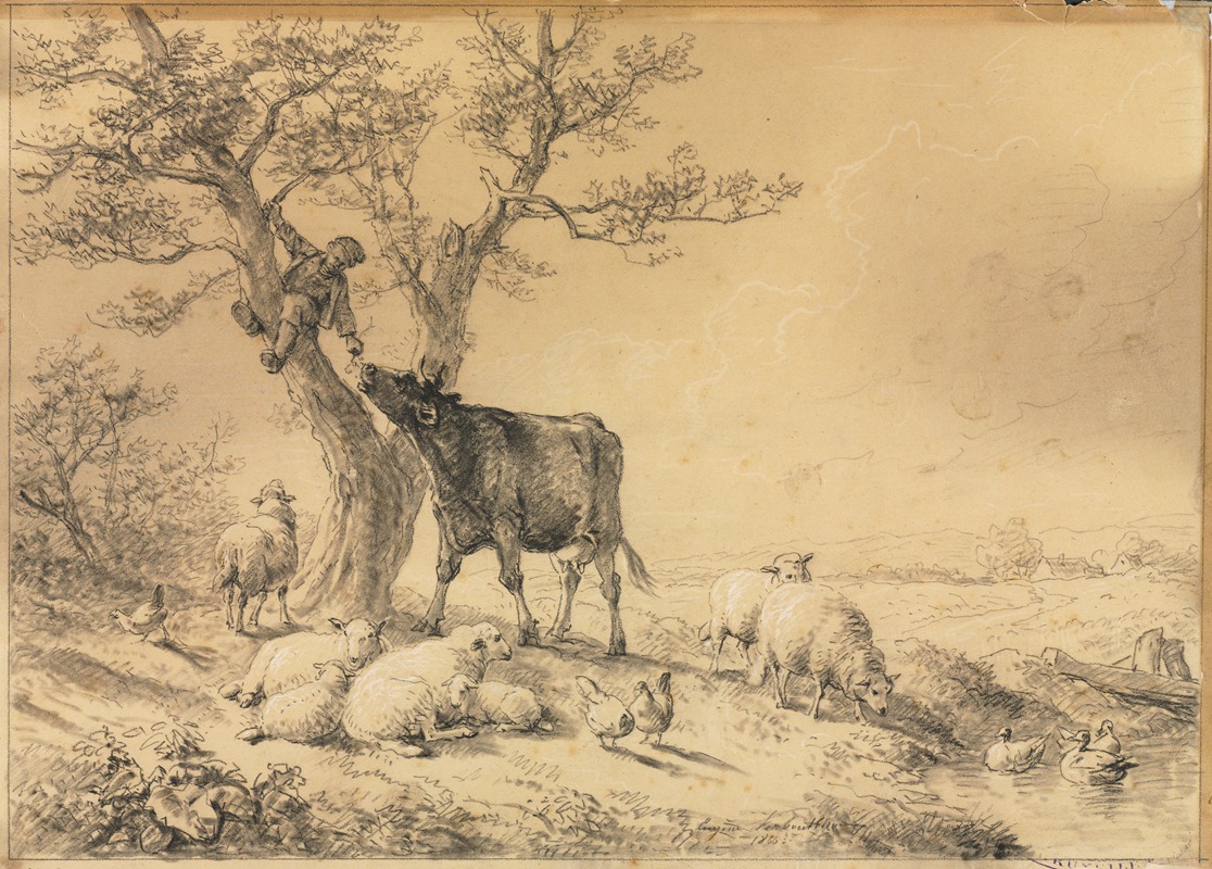 Eugène Joseph Verboeckhoven - Landscape with Animals and Boy in Tree