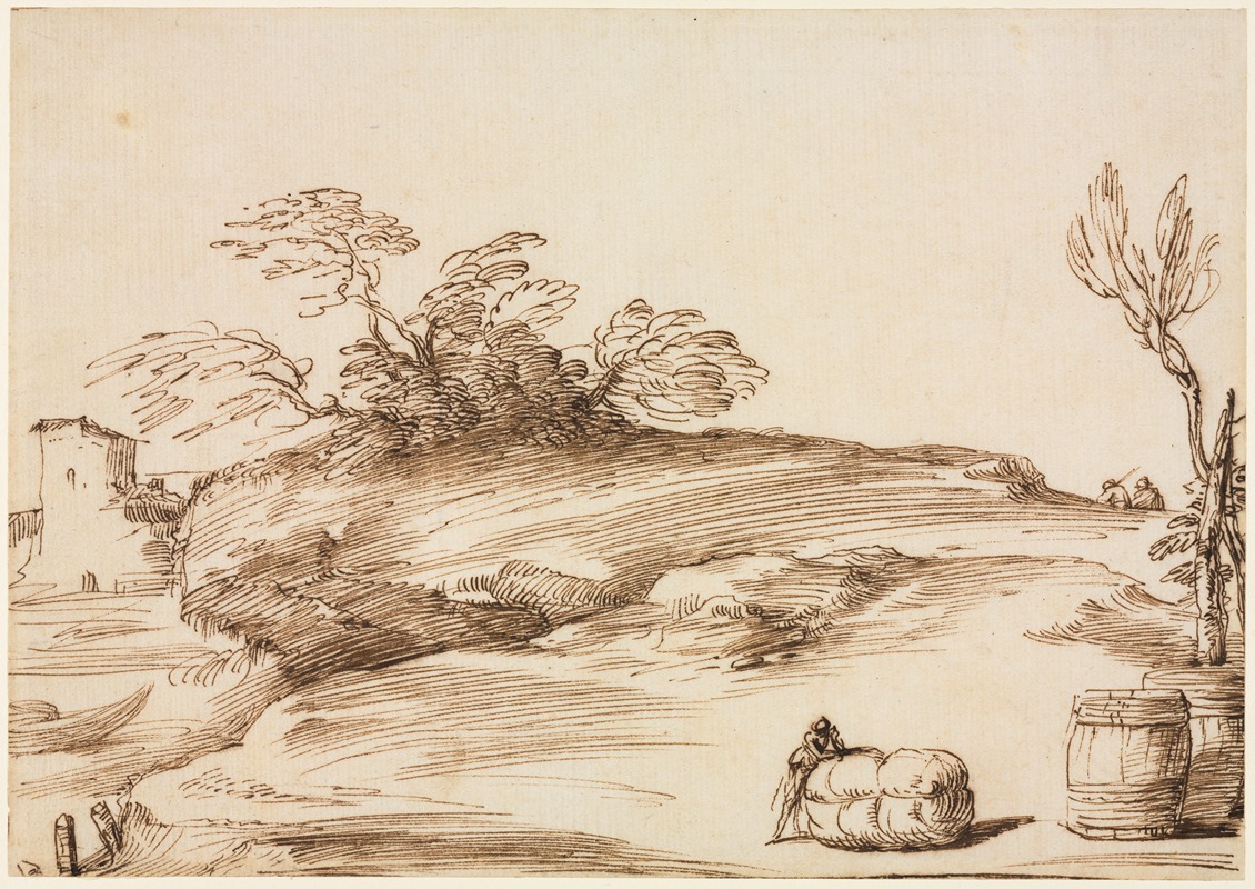 Guercino - Landscape with a Man Leaning on a Bale