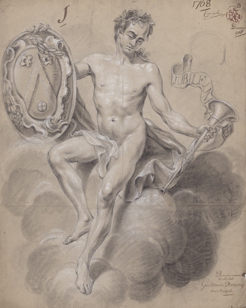 Guillielmus Dumery - Seated male nude with coat of arms and trumpet